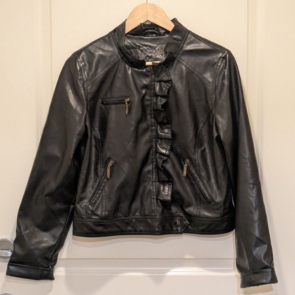 3/$30 Dollhouse L Faux Leather Ruffle Moto Jacket